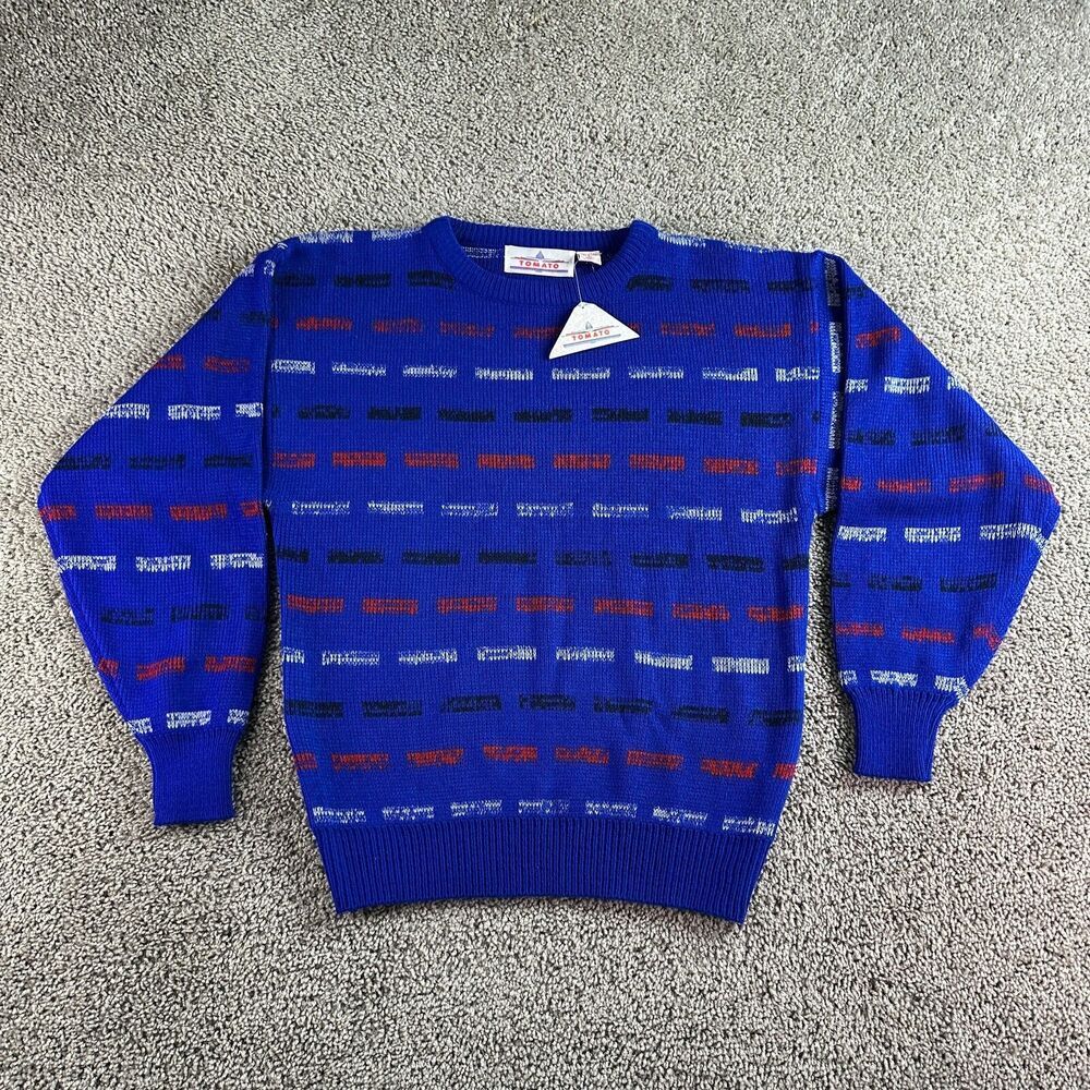 VINTAGE Tomato Sweater Mens Large Blue White Chalk Stripe Acrylic Crewneck 90s